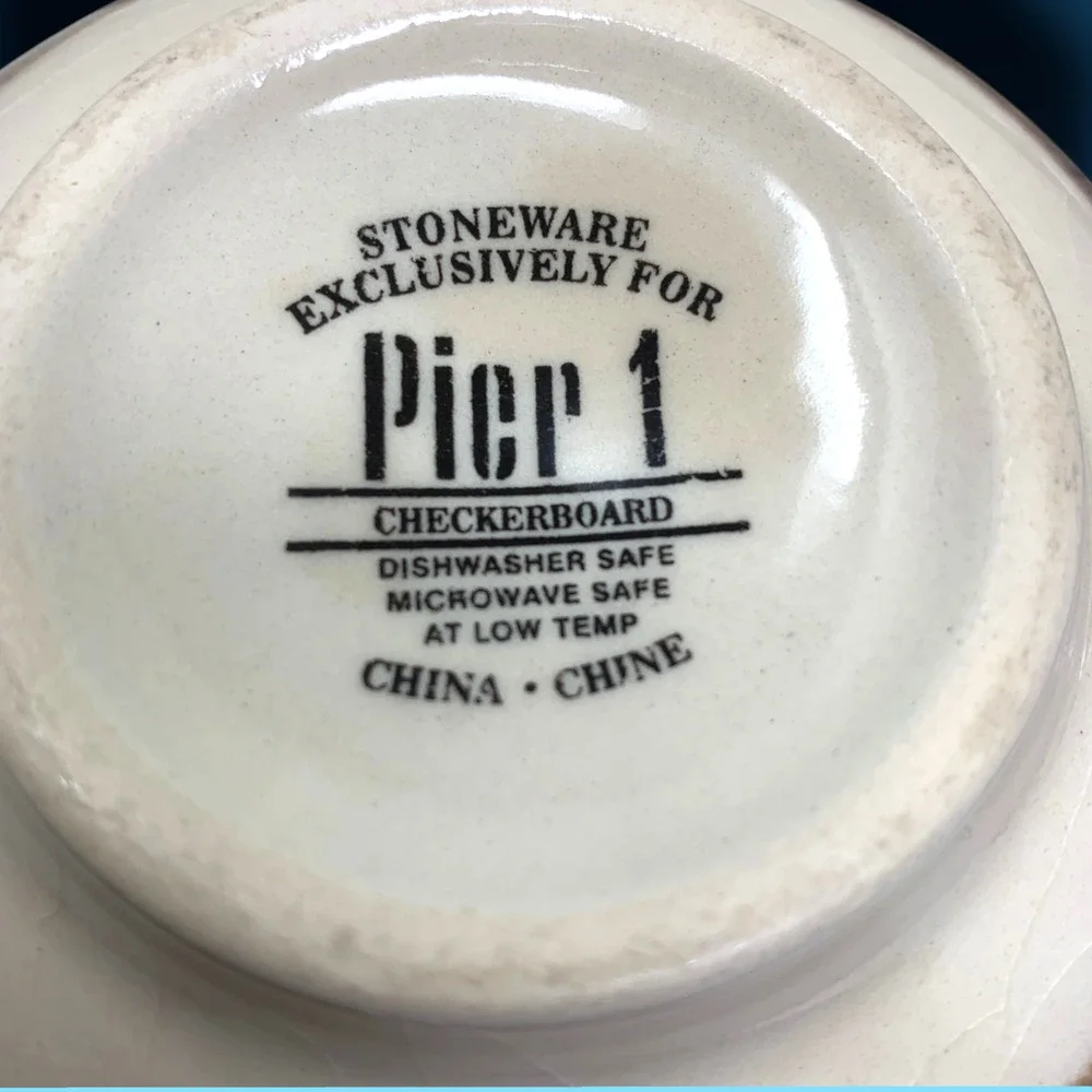 Vintage Lot 4 x Pier 1 Checkerboard Stoneware Soup Cereal Bowls Blue White